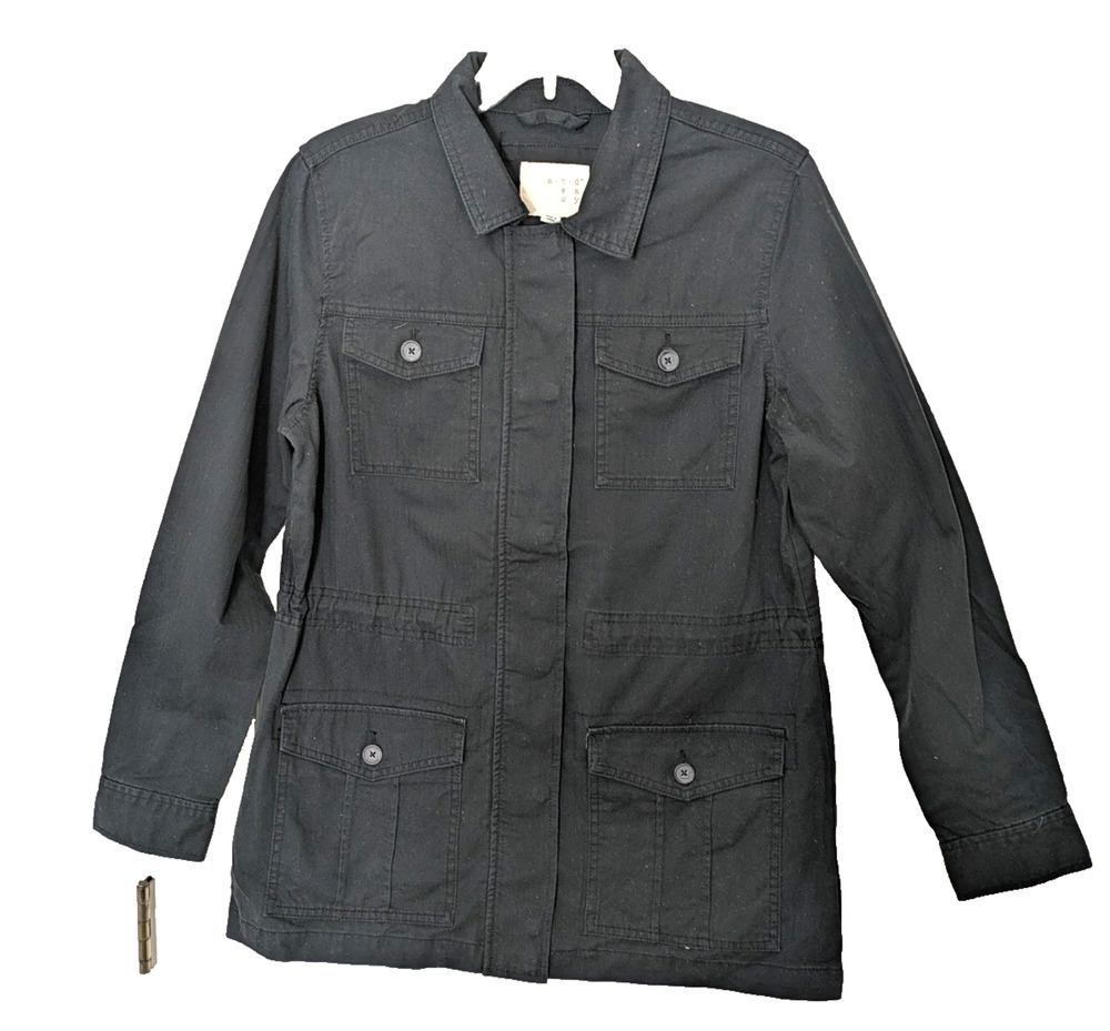 Women's Military Style Jacket Black Denim Medium Drawstring Grunge Biker Goth